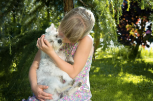 kid snuggling dog